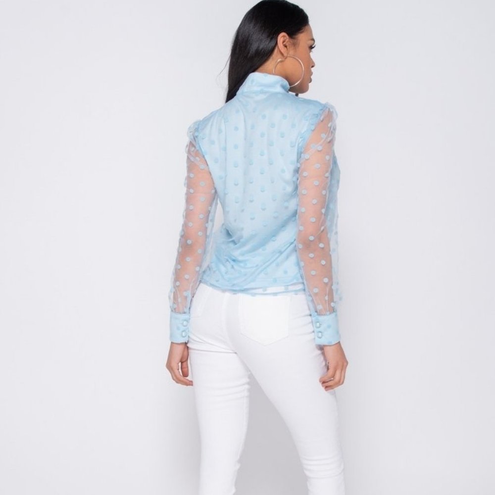 Polka Dot High Neck Long Sleeve Pussy Bow Blouse - Picture 6 of 7